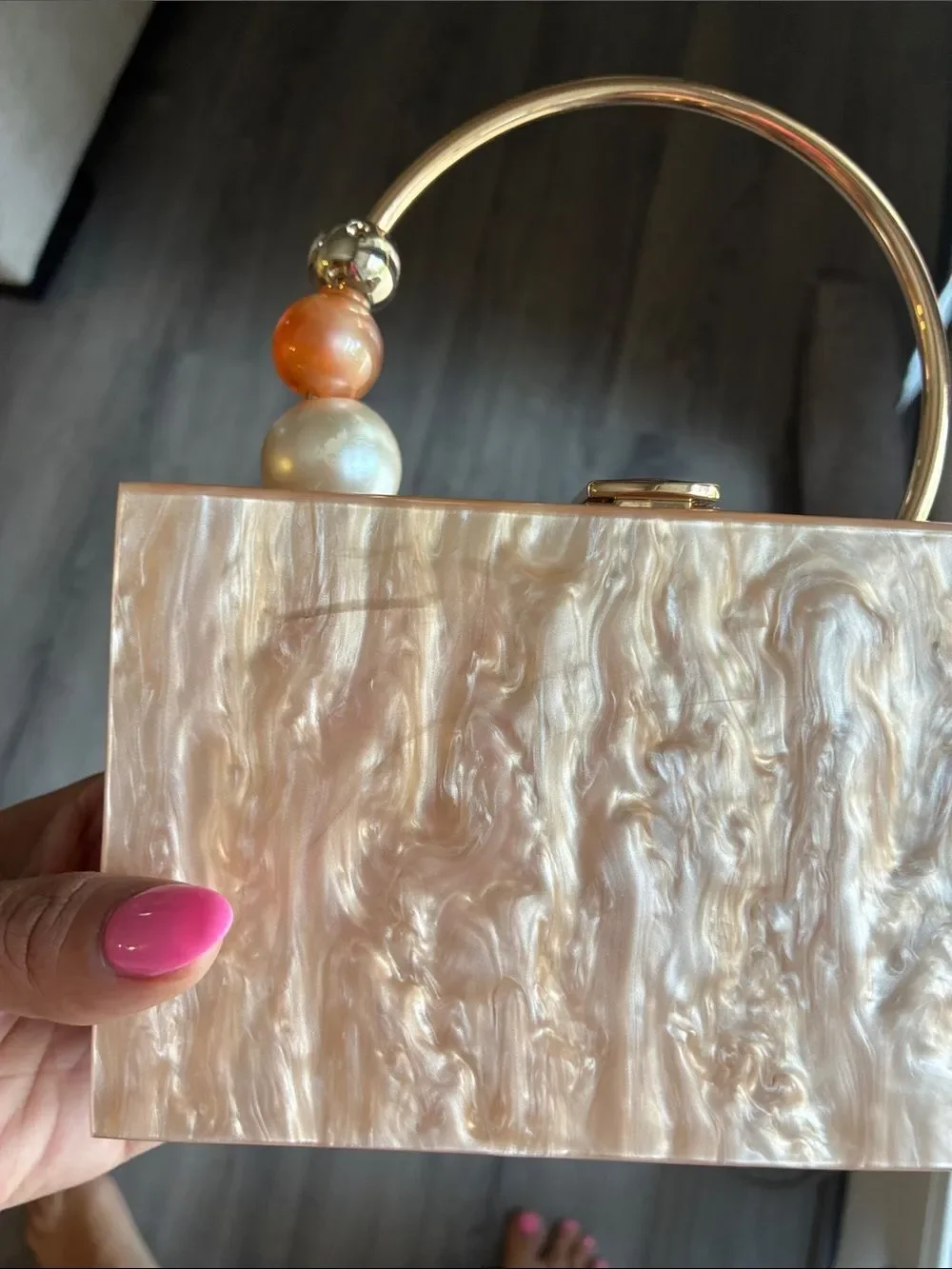 Lulu's Pearlescent Pink Acrylic Box Clutch with Gold Ring Handle